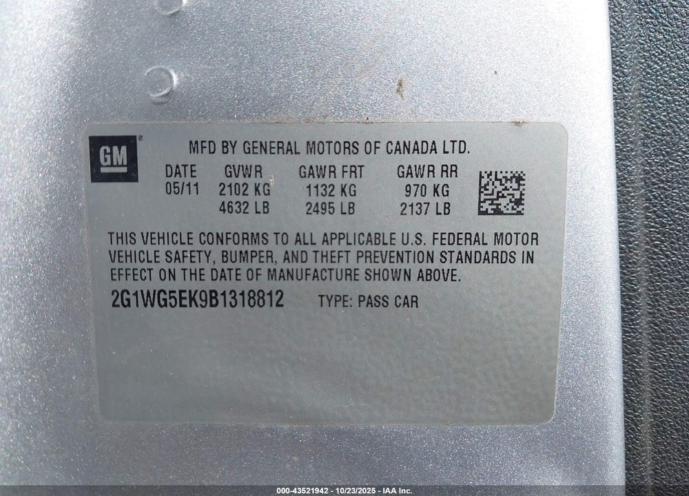 2011 CHEVROLET IMPALA VIN: 2G1WG5EK9B1318812