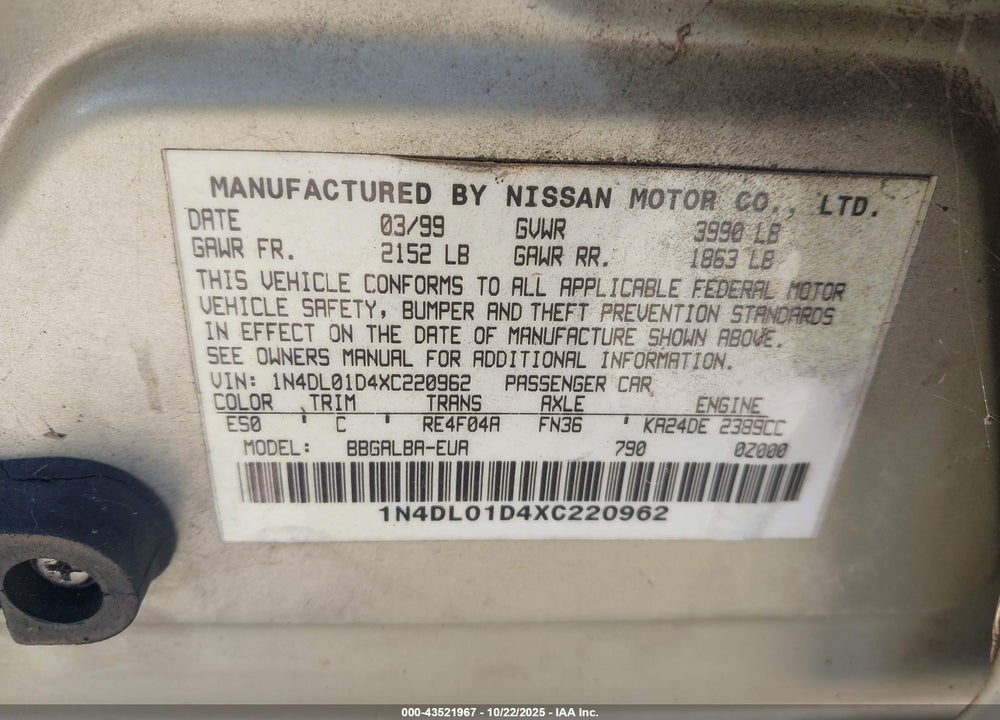 1999 NISSAN ALTIMA GLE/GXE/SE/SE-L/XE VIN: 1N4DL01D4XC220962