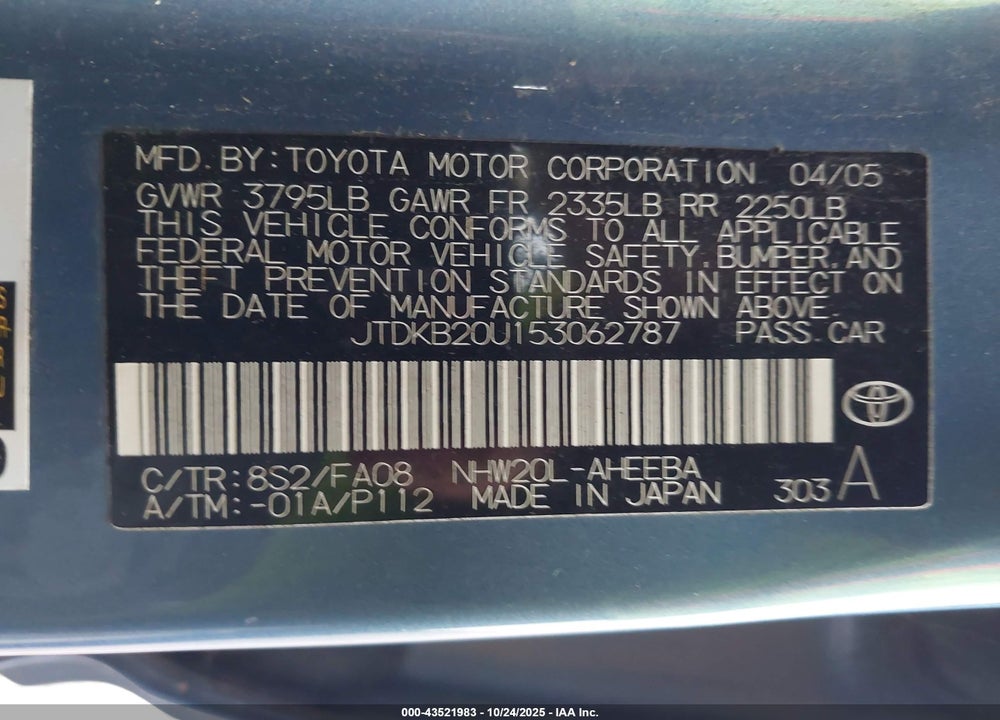 2005 TOYOTA PRIUS VIN: JTDKB20U153062787