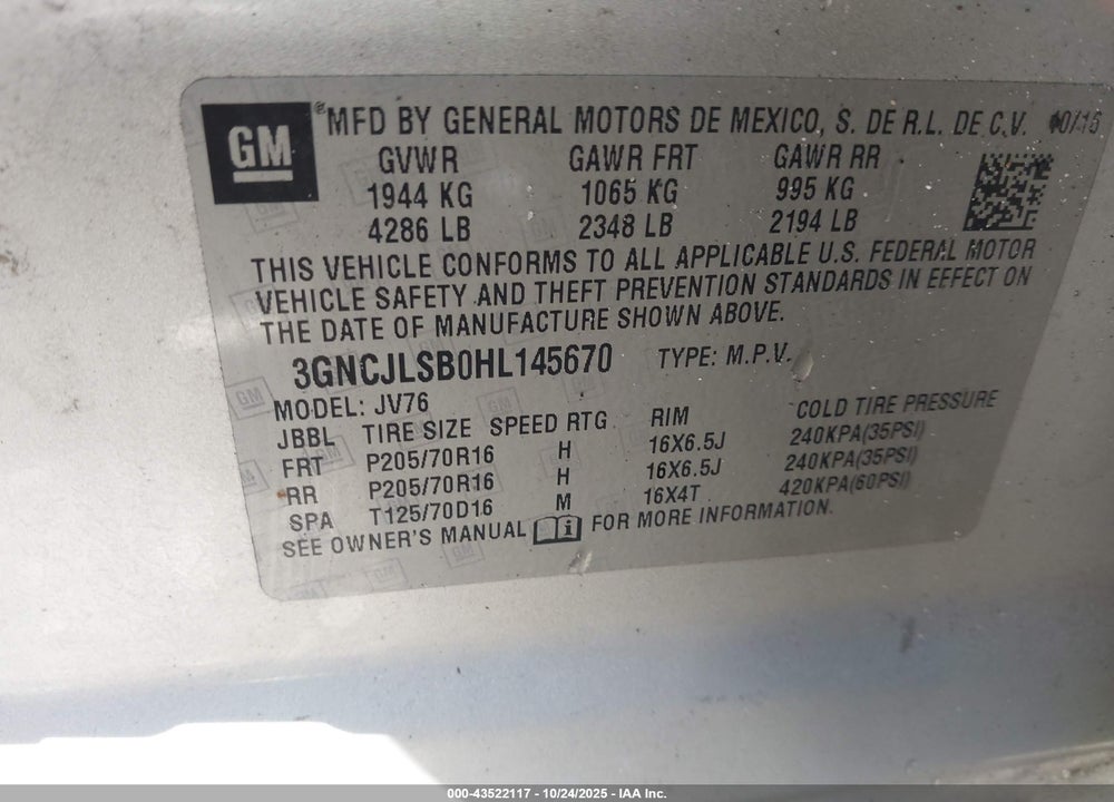 2017 CHEVROLET TRAX VIN: 3GNCJLSB0HL145670