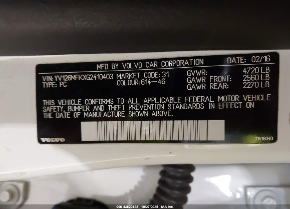 2016 VOLVO S60 T5 DRIVE-E PREMIER VIN: YV126MFKXG2410403