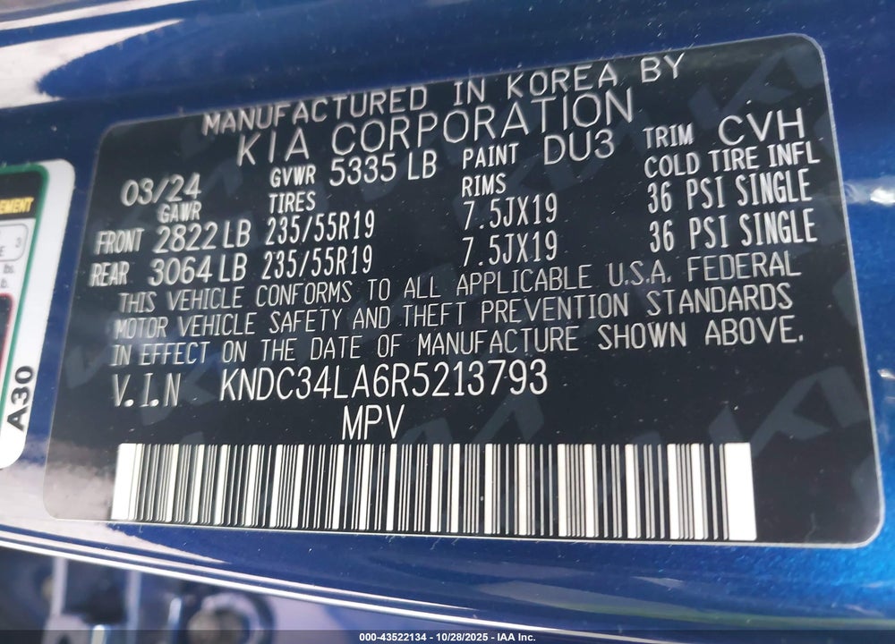 2024 KIA EV6 WIND VIN: KNDC34LA6R5213793
