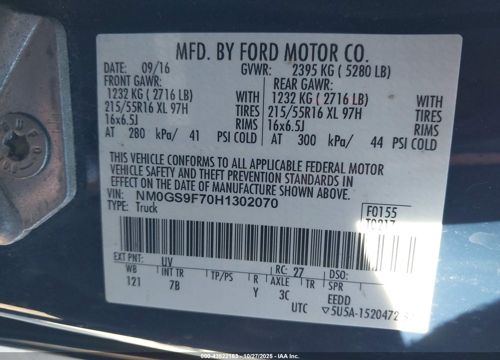 2017 FORD TRANSIT CONNECT XLT VIN: NM0GS9F70H1302070