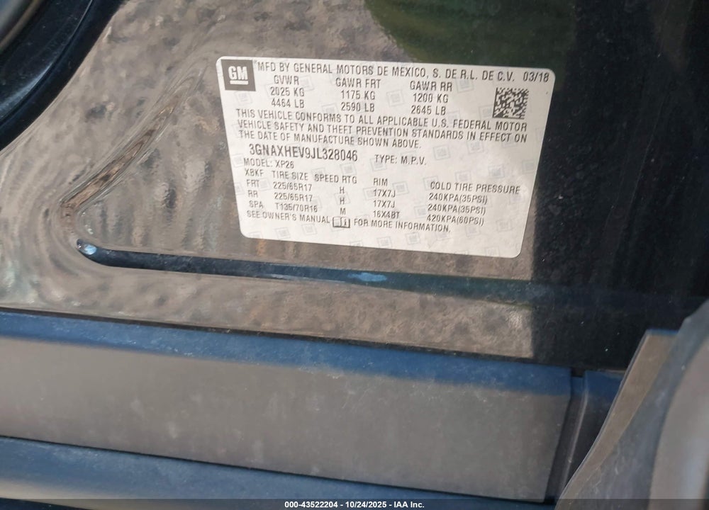 2018 CHEVROLET EQUINOX LS VIN: 3GNAXHEV9JL328046