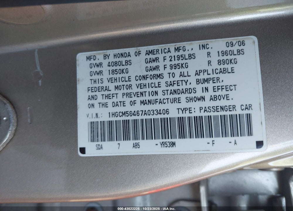 2007 HONDA ACCORD VIN: 1HGCM56467A033406