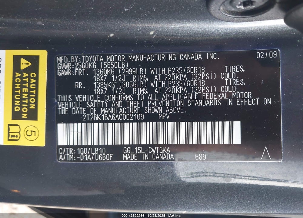 2010 LEXUS RX 350 VIN: 2T2BK1BA6AC002109
