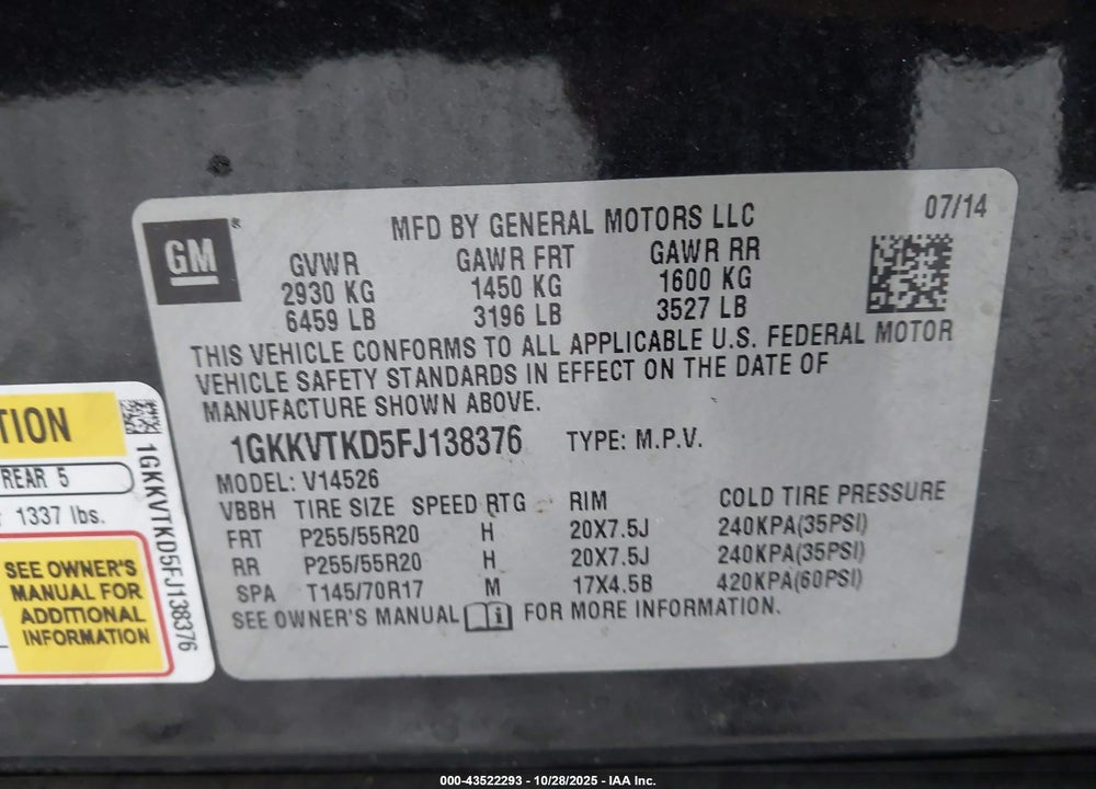 2015 GMC ACADIA DENALI VIN: 1GKKVTKD5FJ138376