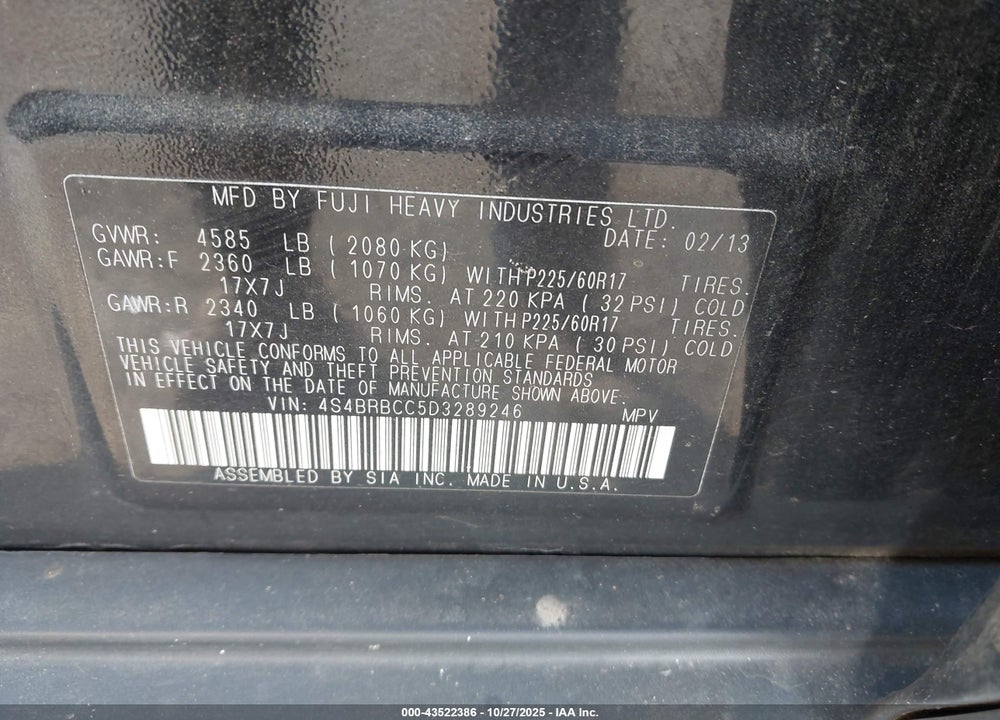2013 SUBARU OUTBACK VIN: 4S4BRBCC5D3289246