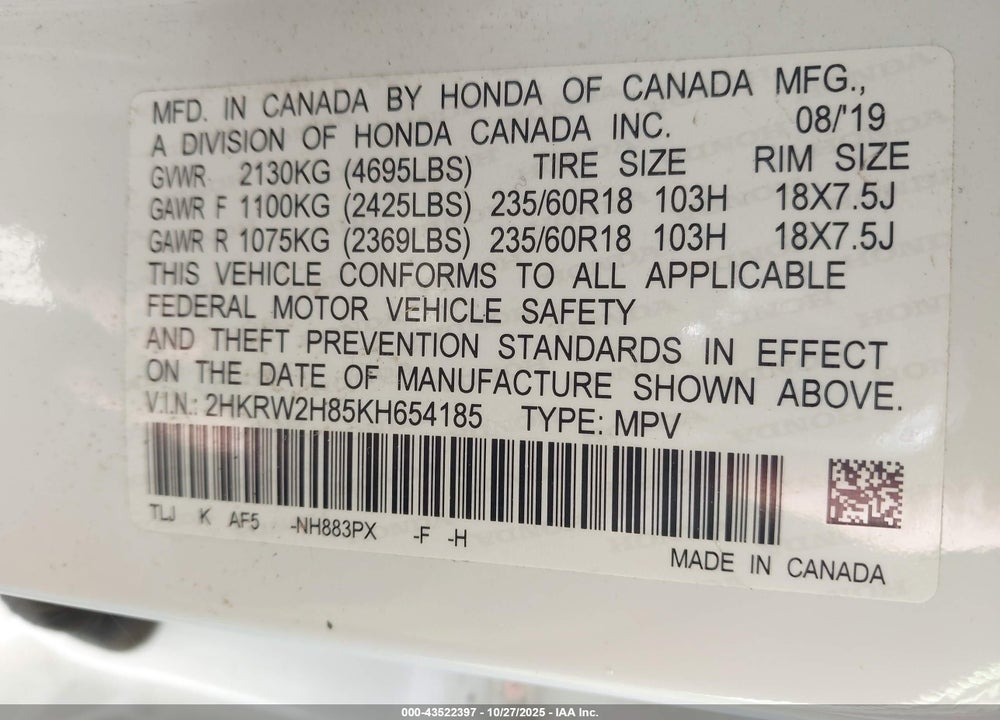 2019 HONDA CR-V VIN: 2HKRW2H85KH654185