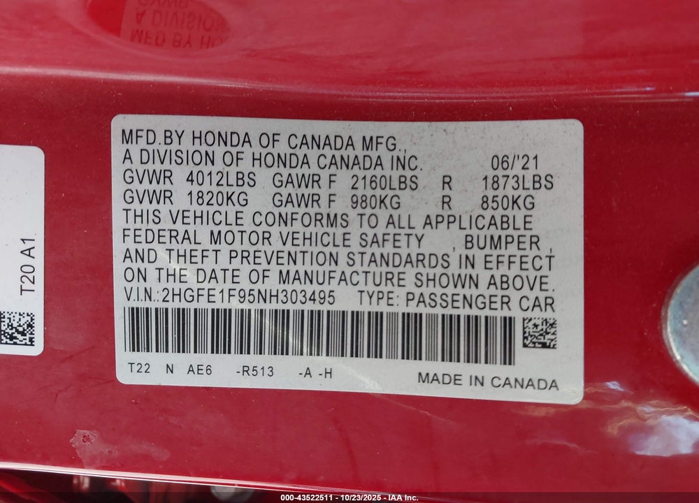 2022 HONDA CIVIC TOURING VIN: 2HGFE1F95NH303495