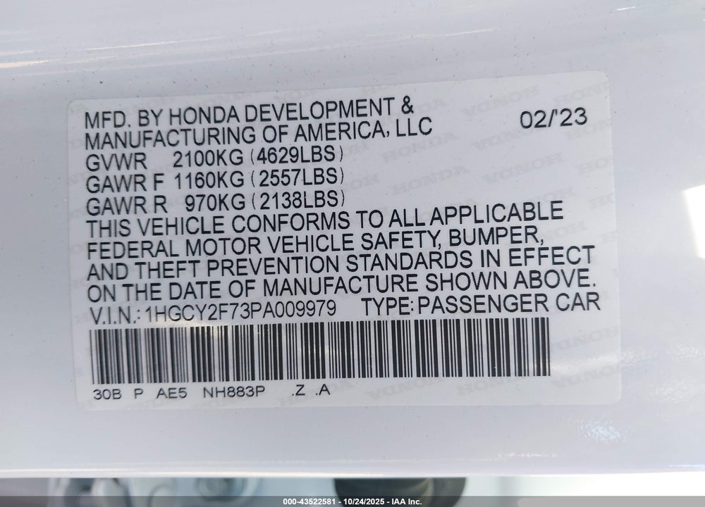 2023 HONDA ACCORD HYBRID SPORT-L VIN: 1HGCY2F73PA009979