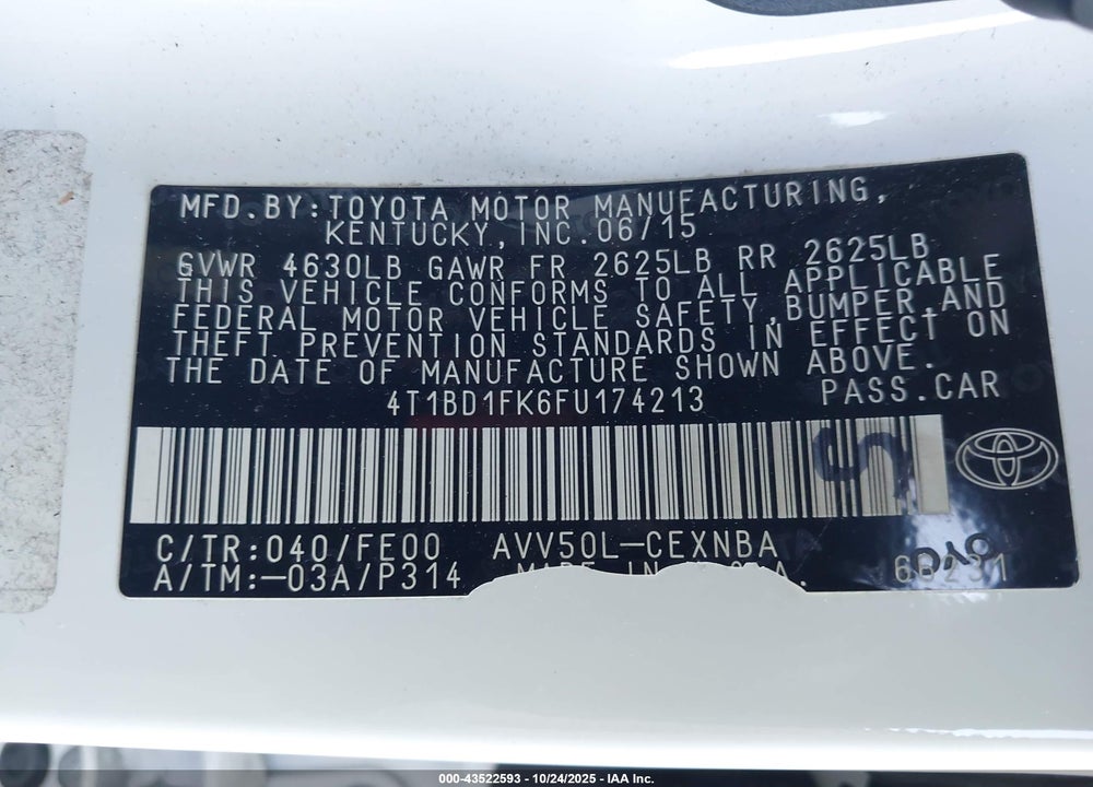 2015 TOYOTA CAMRY HYBRID LE VIN: 4T1BD1FK6FU174213