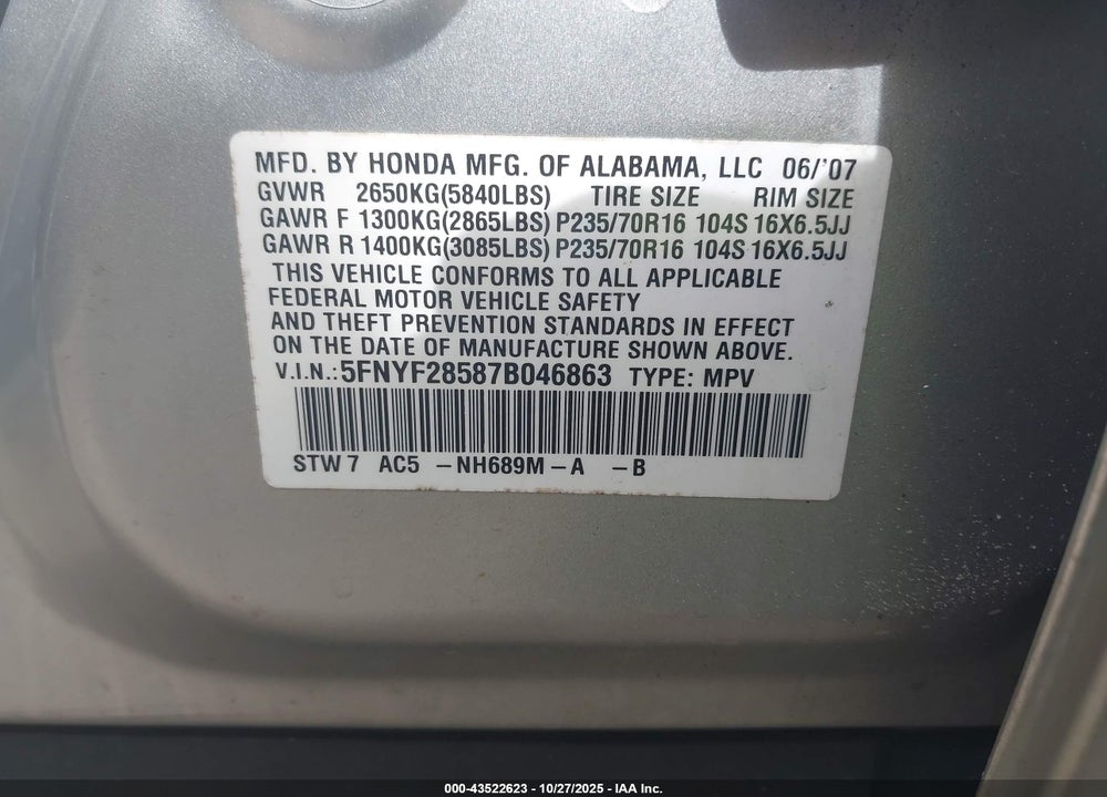 2007 HONDA PILOT EX-L VIN: 5FNYF28587B046863