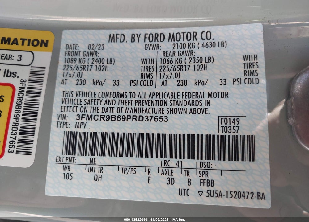 2023 FORD BRONCO SPORT BIG BEND VIN: 3FMCR9B69PRD37653