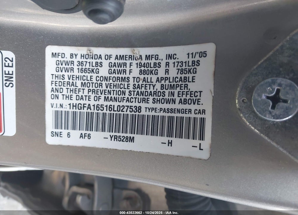 2006 HONDA CIVIC VIN: 1HGFA16516L027538