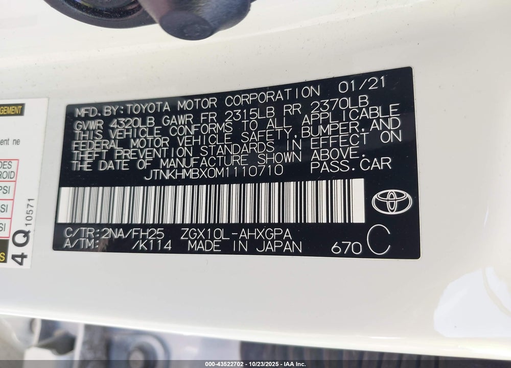 2021 TOYOTA C-HR NIGHTSHADE EDITION VIN: JTNKHMBX0M1110710