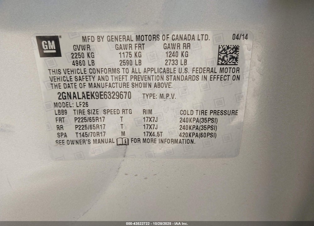 2014 CHEVROLET EQUINOX VIN: 2GNALAEK9E6329670