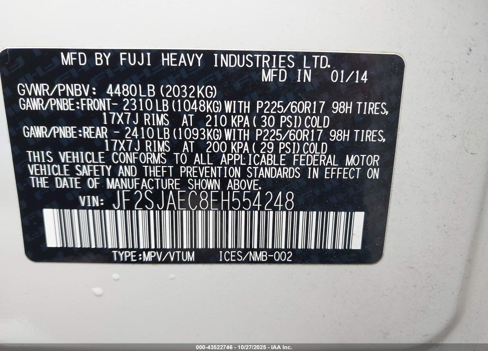 2014 SUBARU FORESTER 2.5I PREMIUM VIN: JF2SJAEC8EH554248