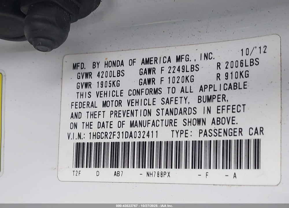 2013 HONDA ACCORD LX VIN: 1HGCR2F31DA032411
