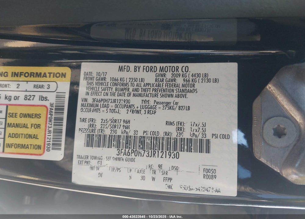 2018 FORD FUSION SE VIN: 3FA6P0H73JR121930