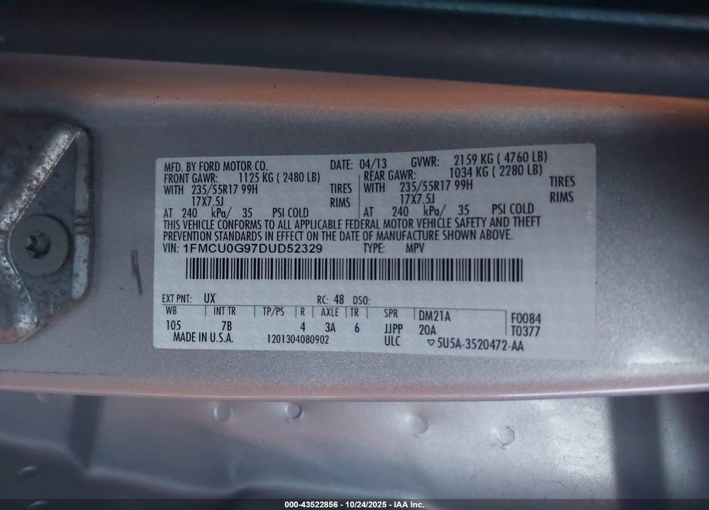 2013 FORD ESCAPE VIN: 1FMCU0G97DUD52329