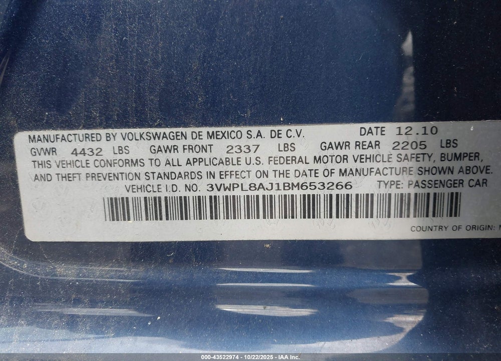 2011 VOLKSWAGEN JETTA VIN: 3VWPL8AJ1BM653266