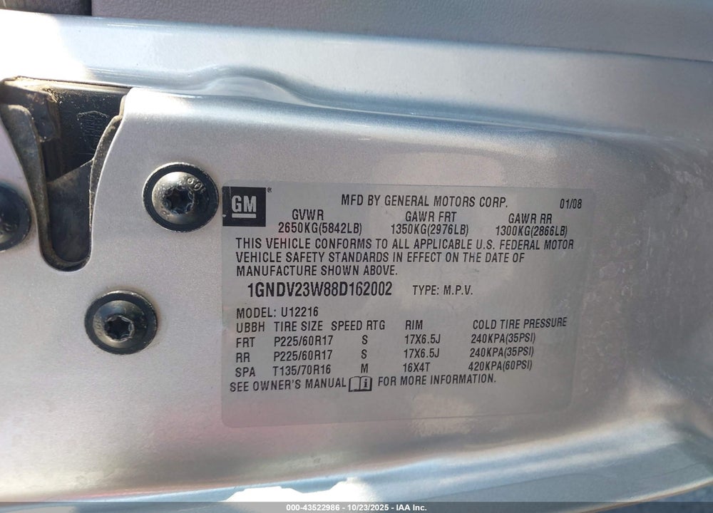 2008 CHEVROLET UPLANDER LS VIN: 1GNDV23W88D162002