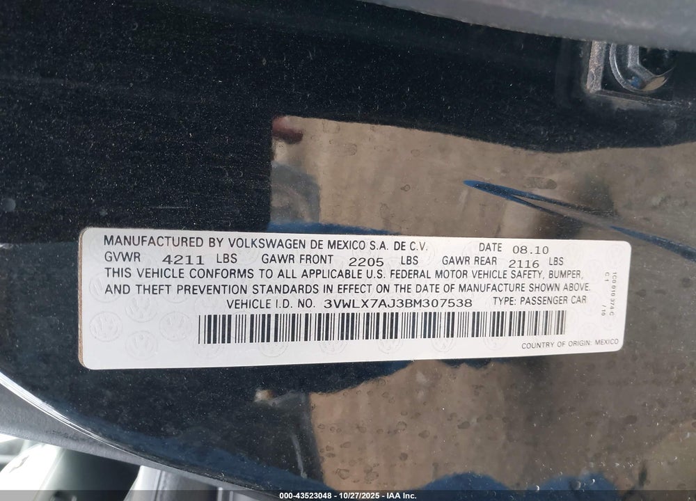 2011 VOLKSWAGEN JETTA 2.5L SEL VIN: 3VWLX7AJ3BM307538