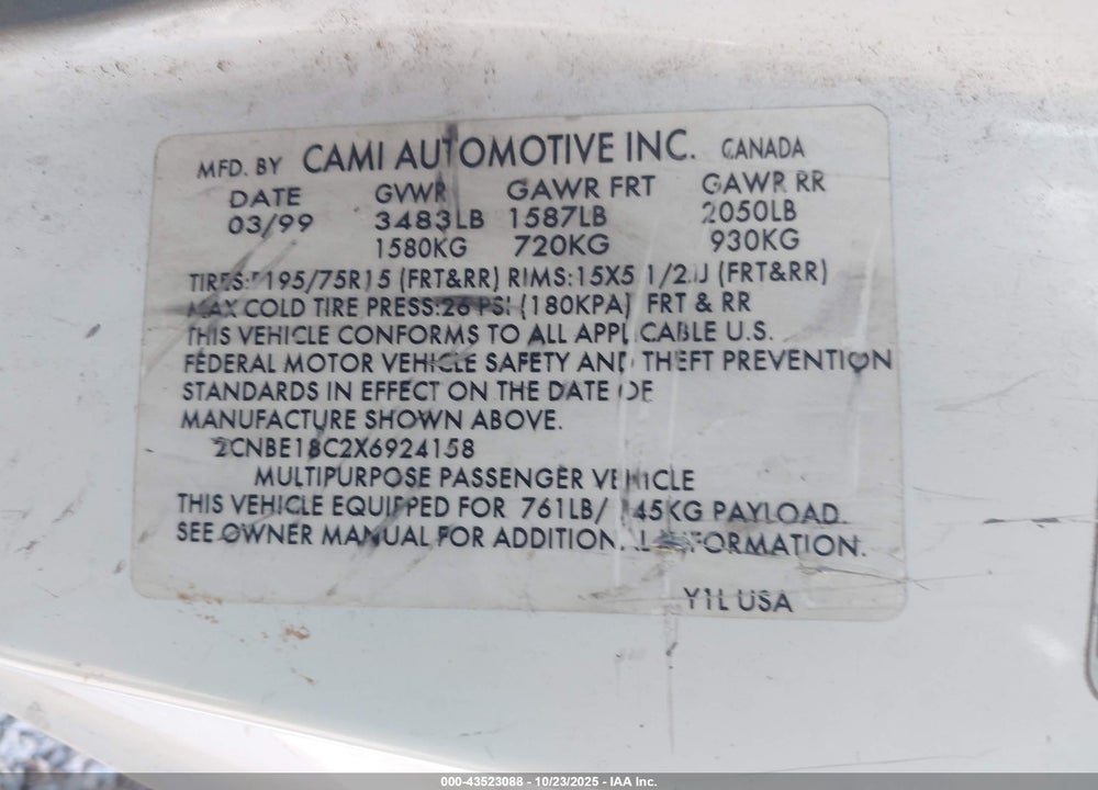 1999 CHEVROLET TRACKER VIN: 2CNBE18C2X6924158