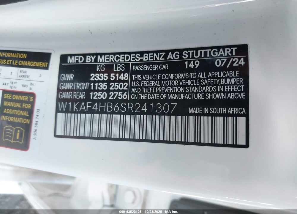 2025 MERCEDES-BENZ C 300 VIN: W1KAF4HB6SR241307