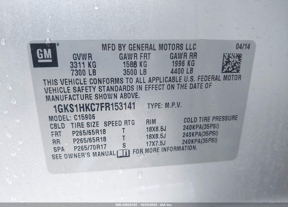 2015 GMC YUKON XL 1500 SLT VIN: 1GKS1HKC7FR153141