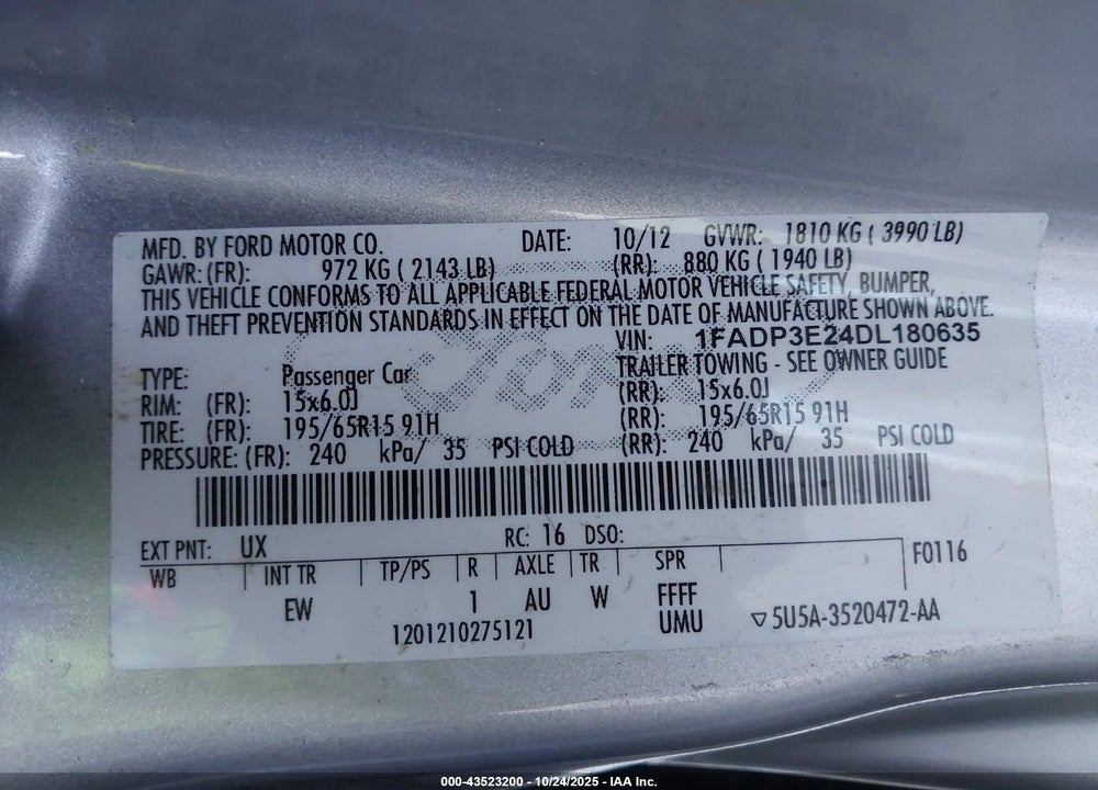 2013 FORD FOCUS VIN: 1FADP3E24DL180635