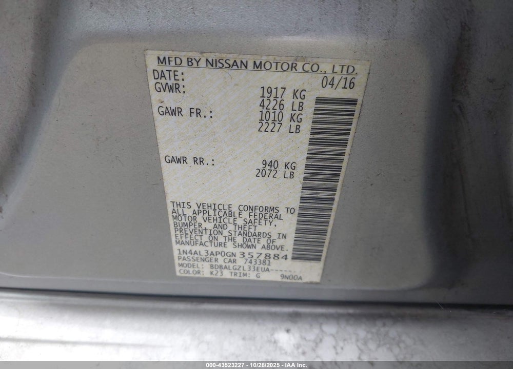 2016 NISSAN ALTIMA 2.5 S VIN: 1N4AL3AP0GN357884