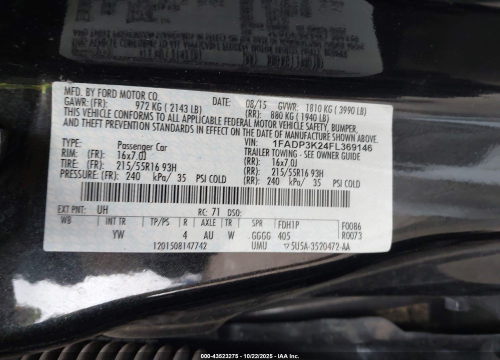 2015 FORD FOCUS SE VIN: 1FADP3K24FL369146