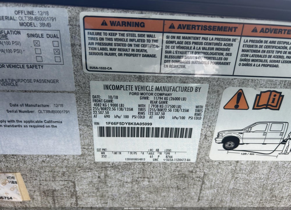 2019 FORD F53 VIN: 1F66F5DY8K0A05099