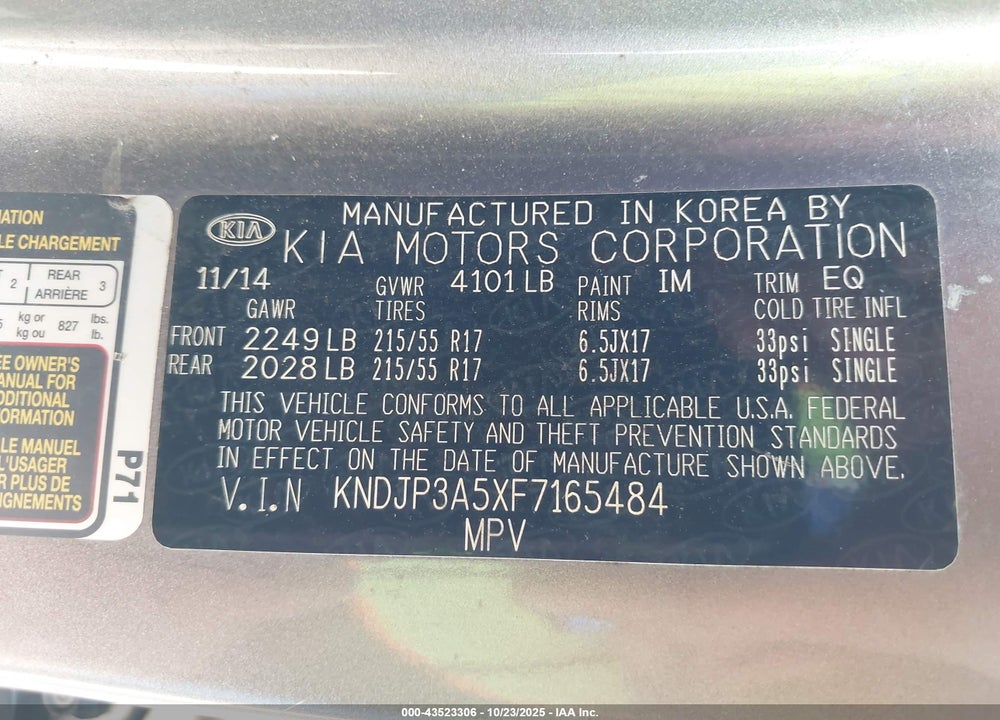 2015 KIA SOUL VIN: KNDJP3A5XF7165484