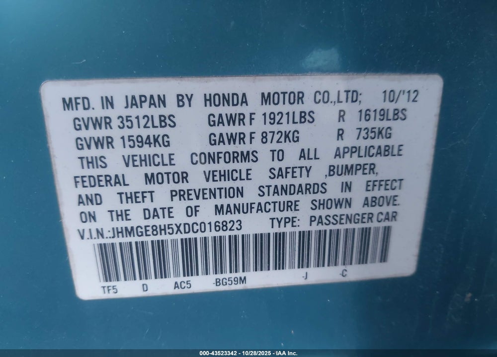 2013 HONDA FIT SPORT VIN: JHMGE8H5XDC016823