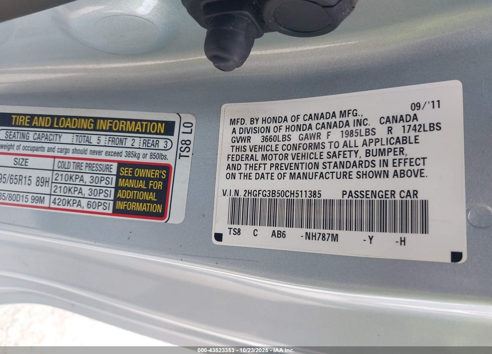 2012 HONDA CIVIC LX VIN: 2HGFG3B50CH511385