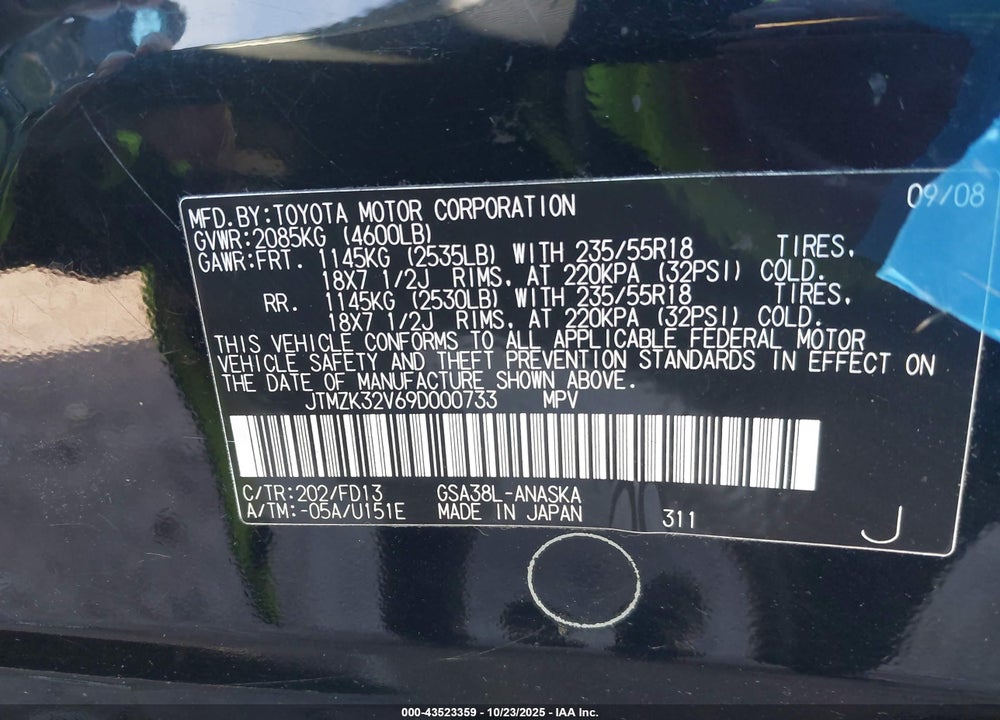 2009 TOYOTA RAV4 SPORT V6 VIN: JTMZK32V69D000733