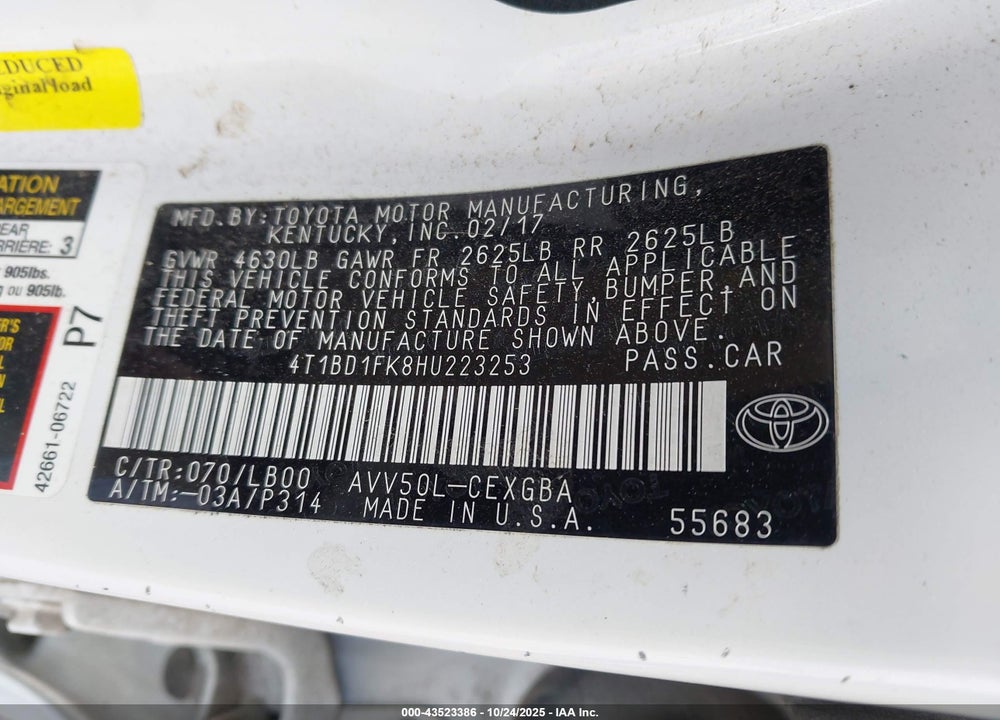 2017 TOYOTA CAMRY HYBRID XLE VIN: 4T1BD1FK8HU223253