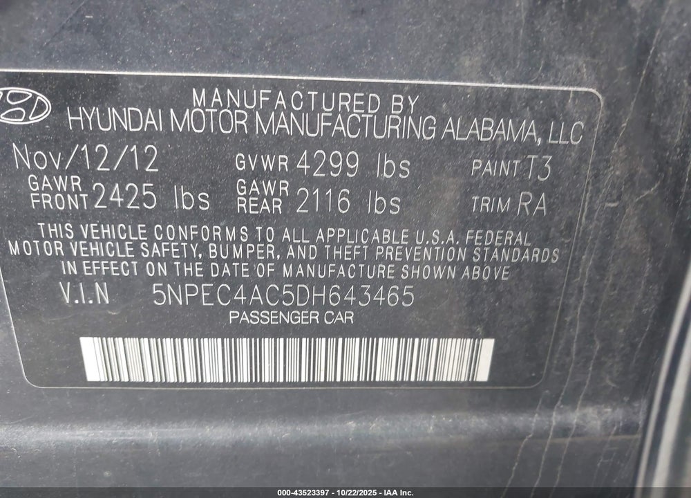 2013 HYUNDAI SONATA LIMITED VIN: 5NPEC4AC5DH643465