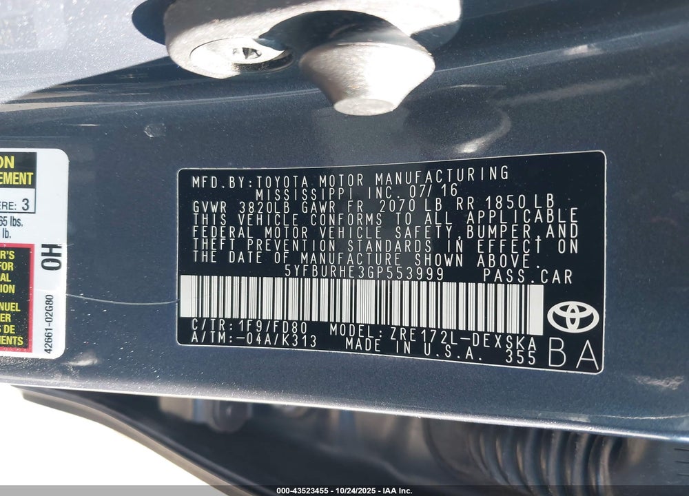 2016 TOYOTA COROLLA S PLUS VIN: 5YFBURHE3GP553999