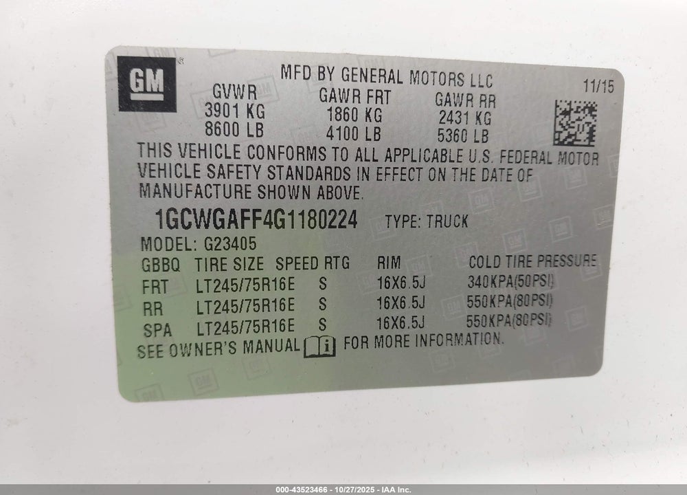 2016 CHEVROLET EXPRESS 2500 WORK VAN VIN: 1GCWGAFF4G1180224