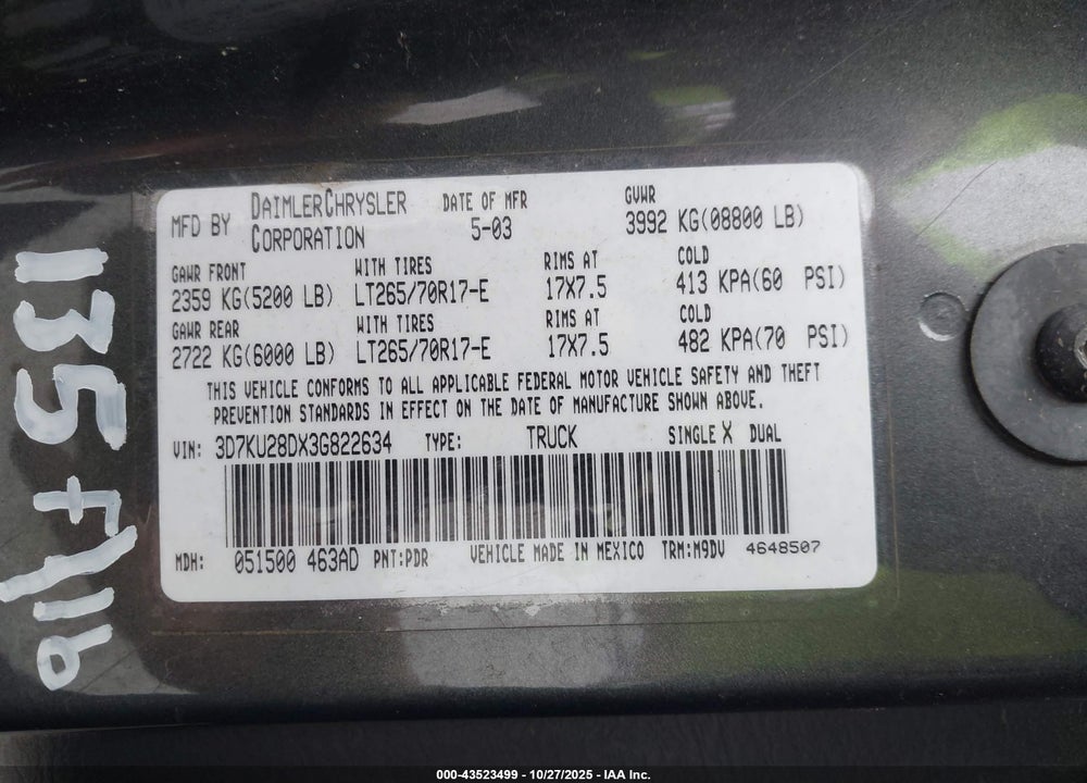 2003 DODGE RAM 2500 VIN: 3D7KU28DX3G822634