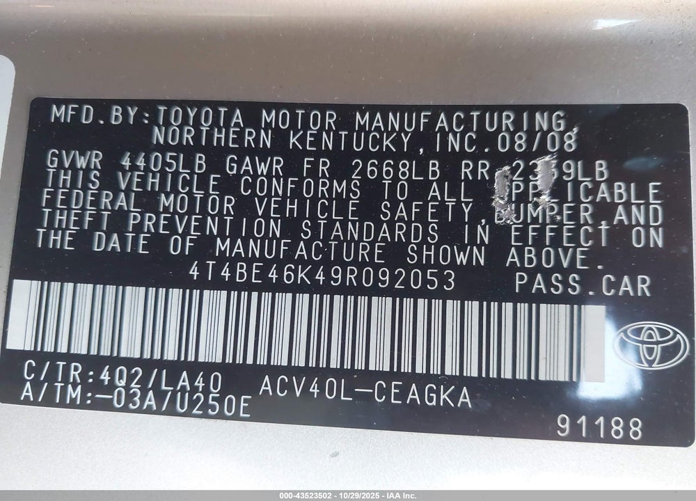 2009 TOYOTA CAMRY VIN: 4T4BE46K49R092053