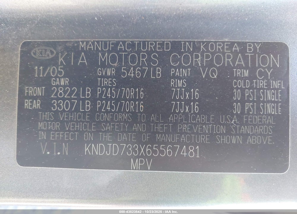 2006 KIA SORENTO VIN: KNDJD733X65567481