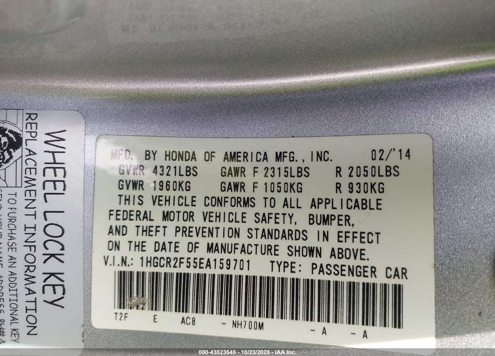 2014 HONDA ACCORD SPORT VIN: 1HGCR2F55EA159701