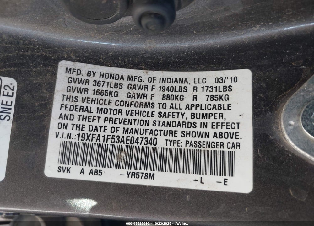 2010 HONDA CIVIC VIN: 19XFA1F53AE047340
