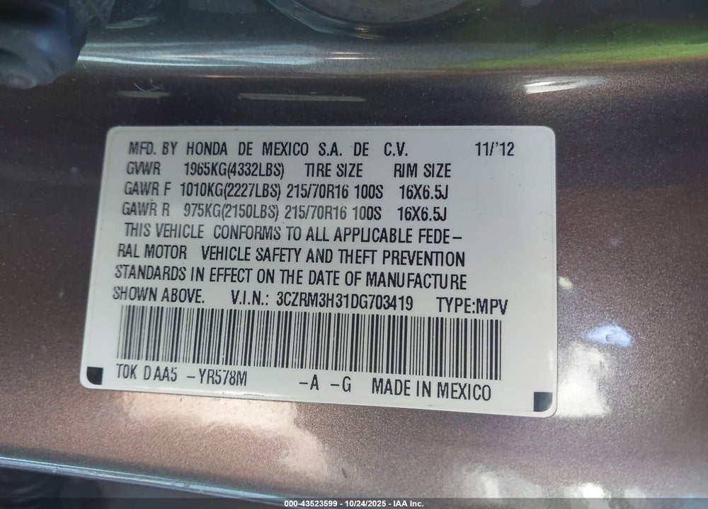 2013 HONDA CR-V LX VIN: 3CZRM3H31DG703419