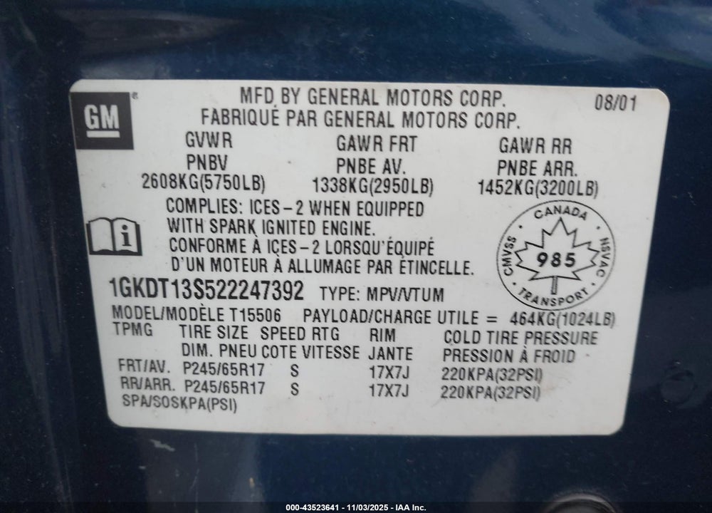 2002 GMC ENVOY SLE/SLT VIN: 1GKDT13S522247392